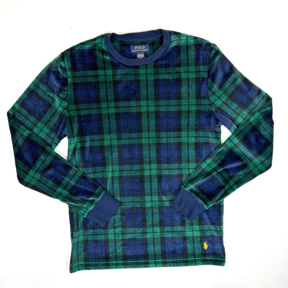 Polo Ralph Lauren Mens Small Black Watch Plaid Fleece Sleepwear Top Green Blue